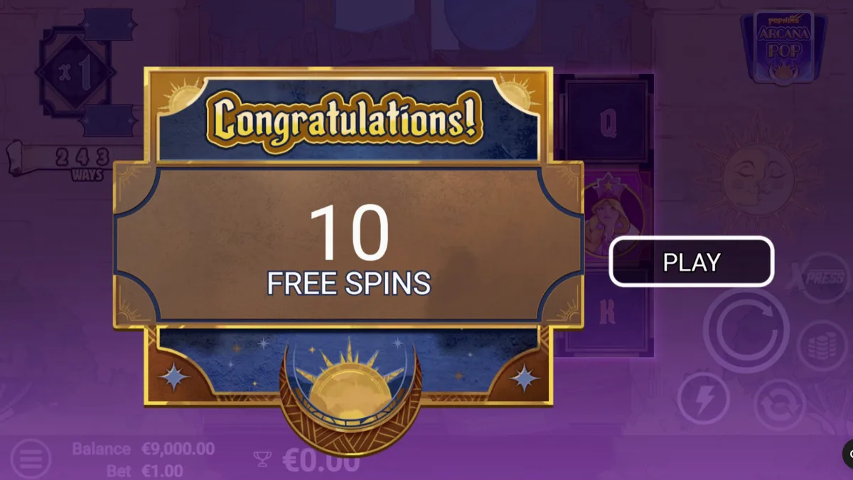 Visual mistis dari slot Arcana Pop dengan elemen tarot dan simbol astrologi