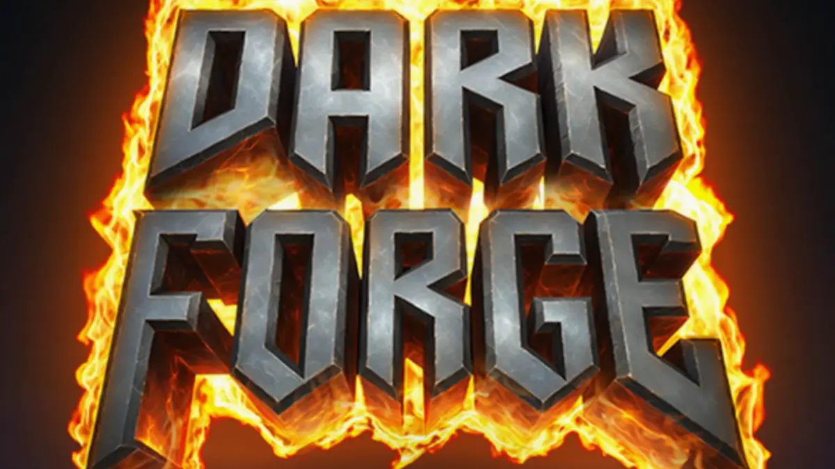 Tampilan visual slot Dark Forge dengan latar belakang bengkel iblis yang berapi-api